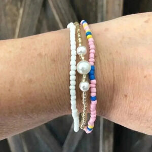 3 for $25/ Pink, White, Faux Pearl Seed Bead Beaded Stretch 3 Pcs Pack Bracelets